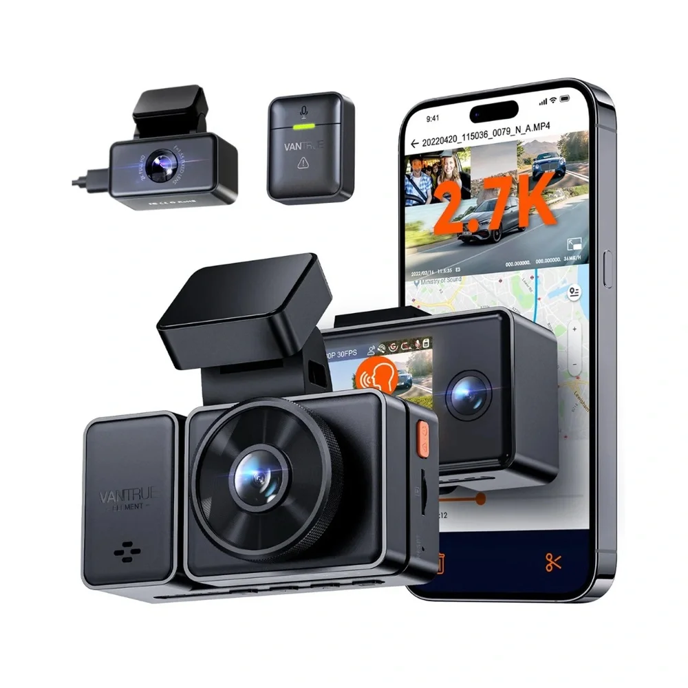 Vantrue E3 3 Channel WiFi Dash Cam Front, Rear, and Inside